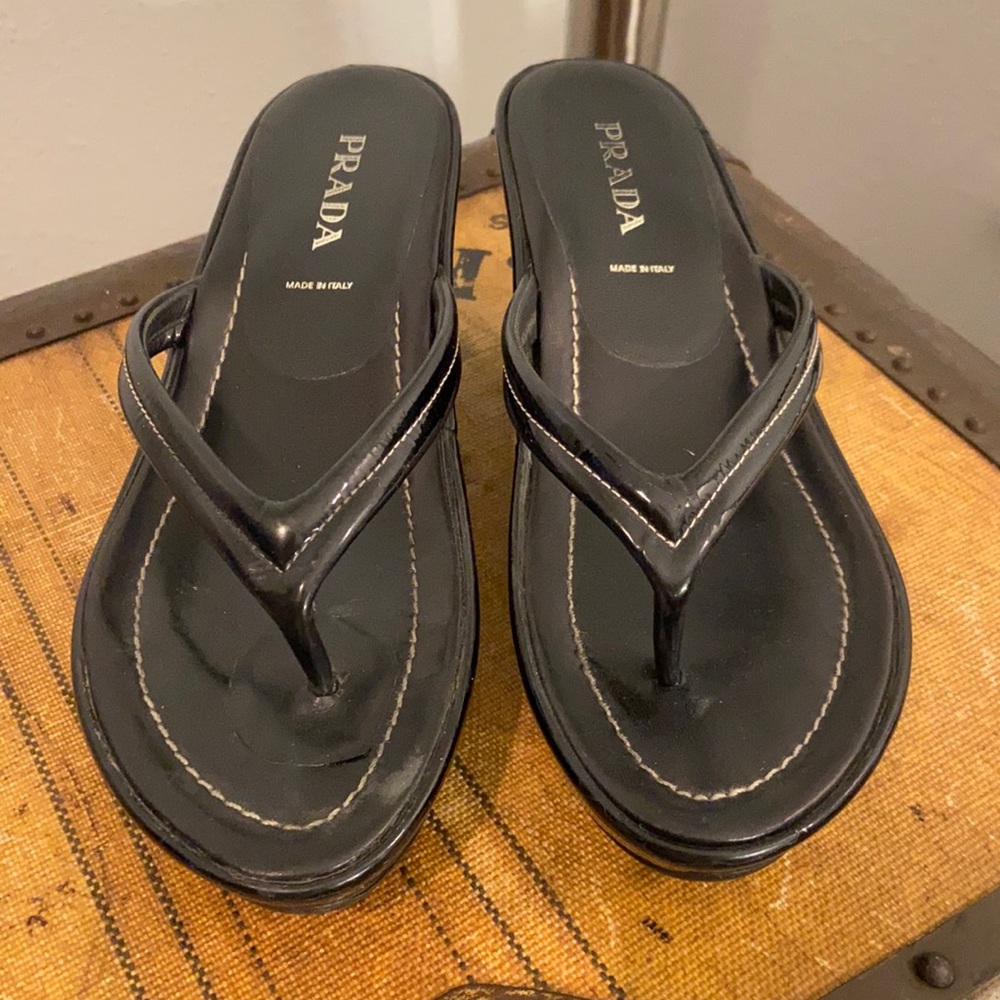 Prada Black Wedge Patent Flip Flops Platforms